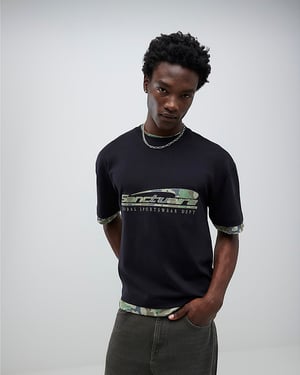 River Island Mens T-Shirt Black Oversized Fit Camo Sanctuaire