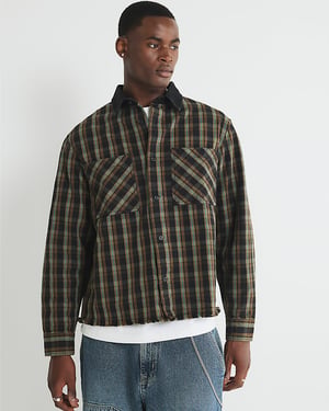 River Island Mens Overshirt Brown Canvas Collar Check