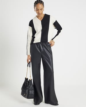 River Island Womens Trousers Black Faux Leather Elasticated Waist