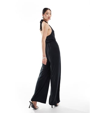 Vila slinky halterneck bredbenad jumpsuit i svart