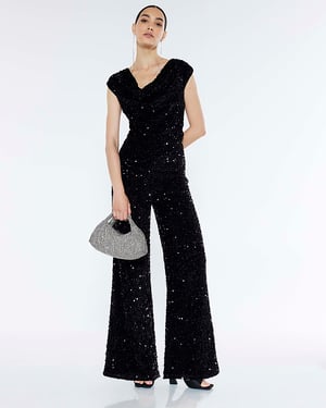 River Island Womens Jumpsuit Black Sequin Cowl Neck