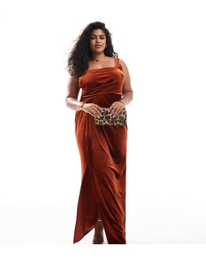 ASOS DESIGN Curve sident maxi klänning med fyrkantig hals och draperad kjol i rostfärg