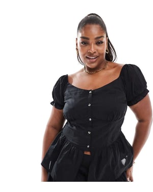 ASOS DESIGN Curve puffärmad knapp-up mjölkerska topp i svart