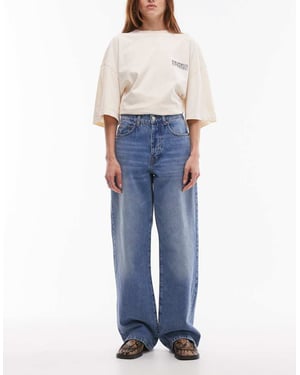 Topshop mellan hög midja lös passform rakjeans i mellanjordblå