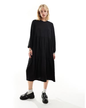 Monki långärmad smock midi klänning i svart