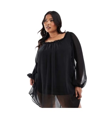 ASOS DESIGN Curve volangkrage mini smockklänning i svart