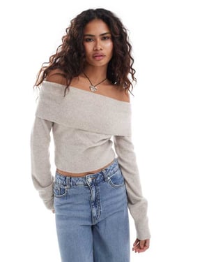 Weekday Lolo off shoulder stickad tröja i beige melange