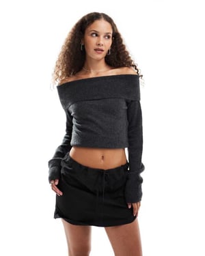 Weekday Lolo off shoulder stickad tröja i svart melange