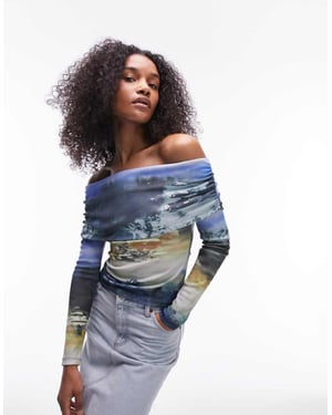 Topshop abstrakt blommig landskap långärmad bardot i blå