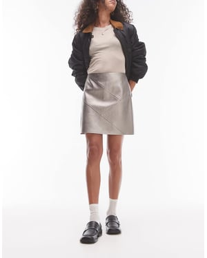 Topshop fusk läder panelerad söm plisserad kjol i metallisk gunmetal