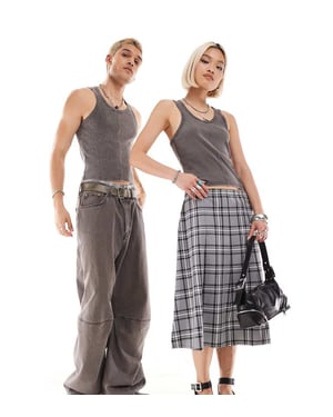 Återvunnen vintage unisex kortad ribbad väst i tvättad kolgrå