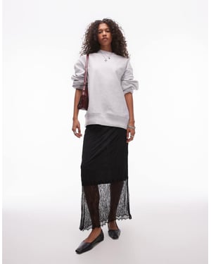 Topshop crinklad midikjol med spetsdetalj i svart