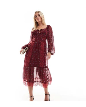 ASOS DESIGN Petite långärmad midi klänning med knyt framtill och spetsinsatser i bordeauxfärgad småblommig mönster