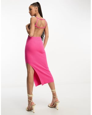 Miss Selfridge klänning i ribbad stickad midi med remdetaljer i rosa