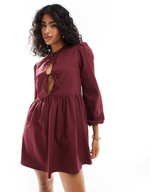 ASOS DESIGN poplin knytfront långärmad klänning i bordeaux