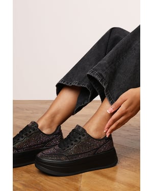 Where's That From Womens 'Darcia' Black Wedge Lace Up trainer with Black diamante Detail