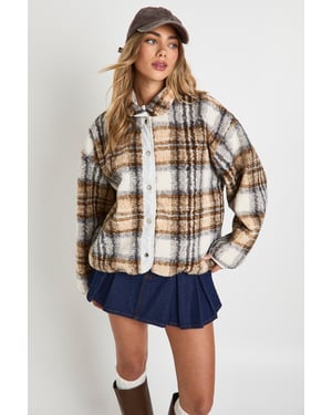 Check Print Boxy Teddy Jacket