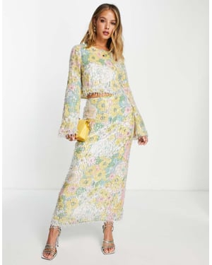 ASOS EDITION pastellblommig mönstrad och paljetterad midikjol med fransar