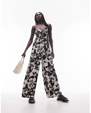 Topshop tryckt snörning jumpsuit i monokrom blommönster
