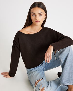 River Island Womens Jumper Brown Knitted Off The Shoulder
