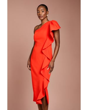 One Shoulder Ruffle Crepe Pencil Midi Dress
