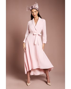 Lisa Tan Collared Satin Belted Wrap Dress