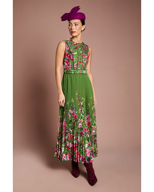 Lisa Tan Pleated Piped Bodice Printed Midi Dress