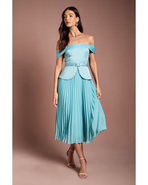 Satin Bardot Top Pleat Skirt Midi Dress