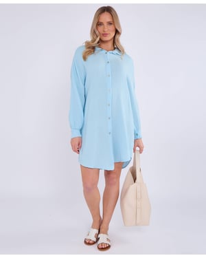 Blue Cotton Textured Oversized Long Shirt