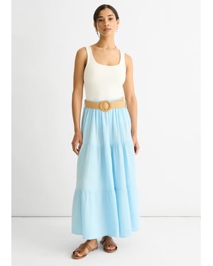 Blue Cotton Seersucker Belted Maxi Skirt