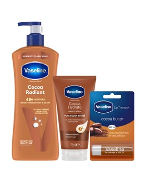 Vaseline Cocoa Radiant Bundle Body Lotion 600ml Hand Cream 75ml Lip Therapy 4gm