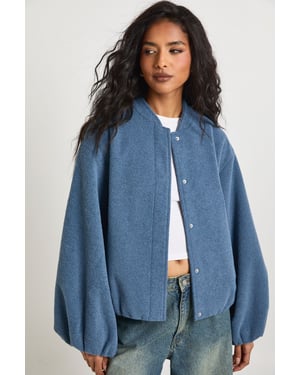 Balloon Sleeve Wool Look Bomber Jacket
