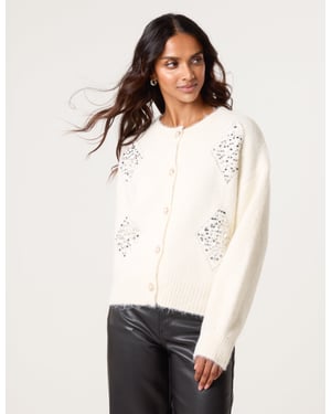 Diamante Sequin Brochure Button Front Cardigan