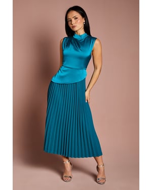 Petite Drape High Neck Pleated Skirt Midi Dress