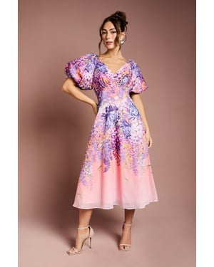 Floral Print Organza Puff Sleeve Midi Dress