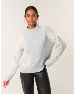 Flower Diamante Detailed Knitted Jumper
