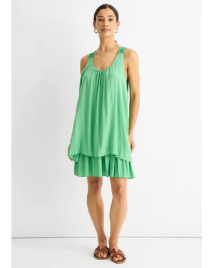 Green Crochet Panel Double Layer Cotton Mini Dress