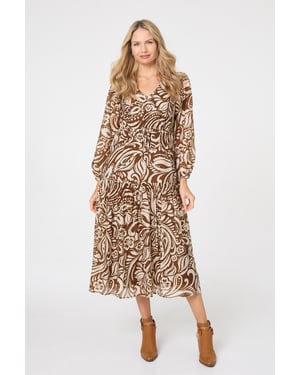 Brown Printed Layered Long Sleeve Maxi Dress