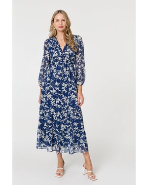 Navy Leaf Print Sheer Layer Empire Maxi Dress
