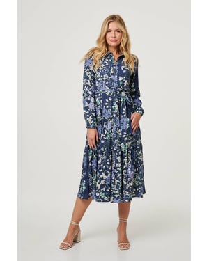 Navy Floral Tie Waist Tiered Midi Dress