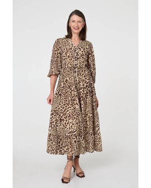 Brown Animal Print 3/4 Puff Sleeve Midi Dress