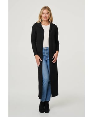 Black Hooded Open Front Longline Coat