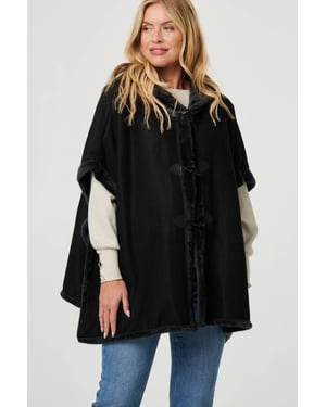 Black Faux Fur Lined Hooded 1/2 Sleeve Poncho