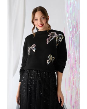 Black Sequin Bow Detail Drop Shoulder Jumper