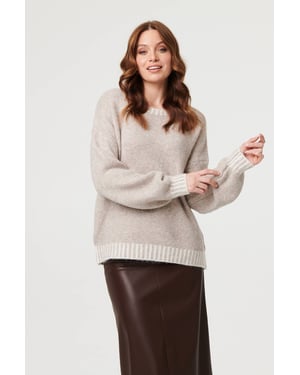 Grey Contrast Trim Balloon Sleeve Jumper