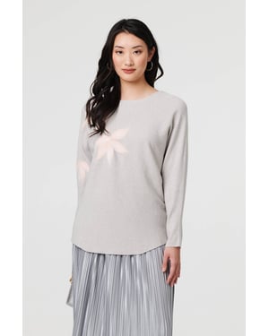 Grey Floral Long Batwing Sleeve Relaxed Top