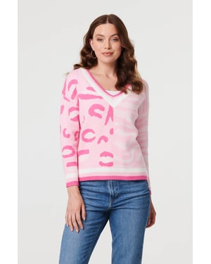 Pink Animal Print Long Sleeve V-Neck Jumper