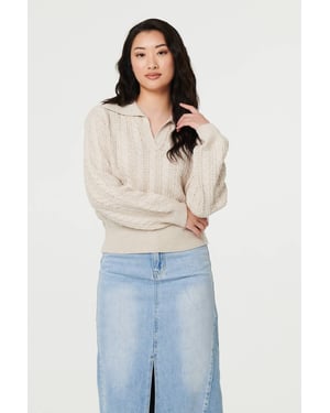 Cream Textured Wide Collar V-Neck Jumper