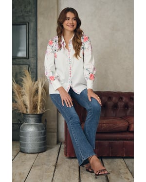 White Floral Border Print Long Sleeve Shirt