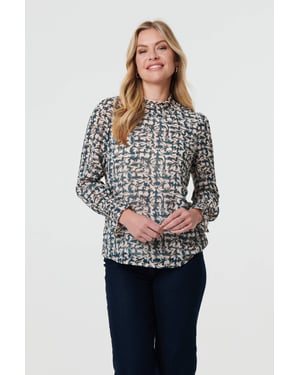 Green Printed Long Sleeve High Neck Top